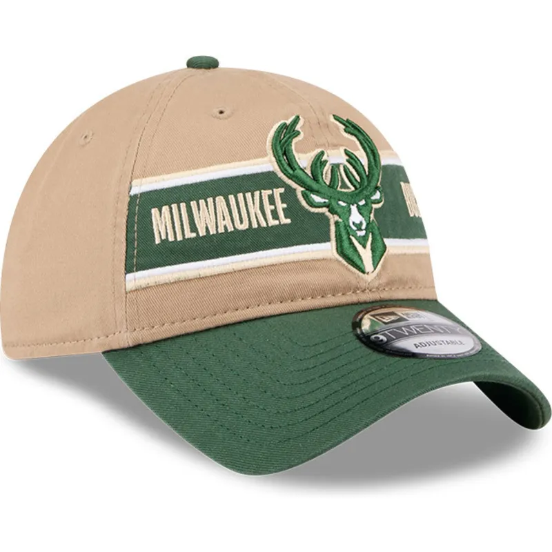 brun-og-gron-justerbar-kurvet-kasket-9twenty-draft-2024-fra-milwaukee-bucks-nba-fra-new-era