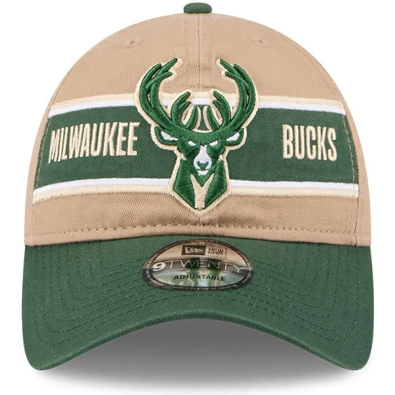 brun-og-gron-justerbar-kurvet-kasket-9twenty-draft-2024-fra-milwaukee-bucks-nba-fra-new-era