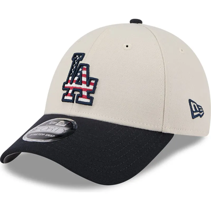 buet-beige-og-marinebla-snapback-kasket-9forty-stretch-snap-4th-of-july-fra-los-angeles-dodgers-mlb-fra-new-era