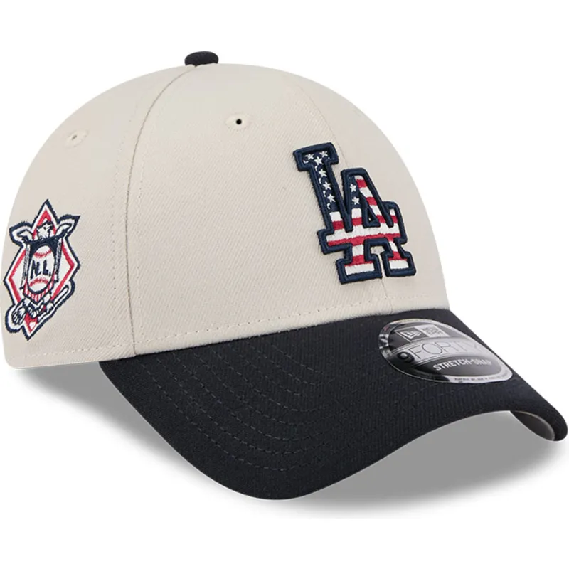 buet-beige-og-marinebla-snapback-kasket-9forty-stretch-snap-4th-of-july-fra-los-angeles-dodgers-mlb-fra-new-era