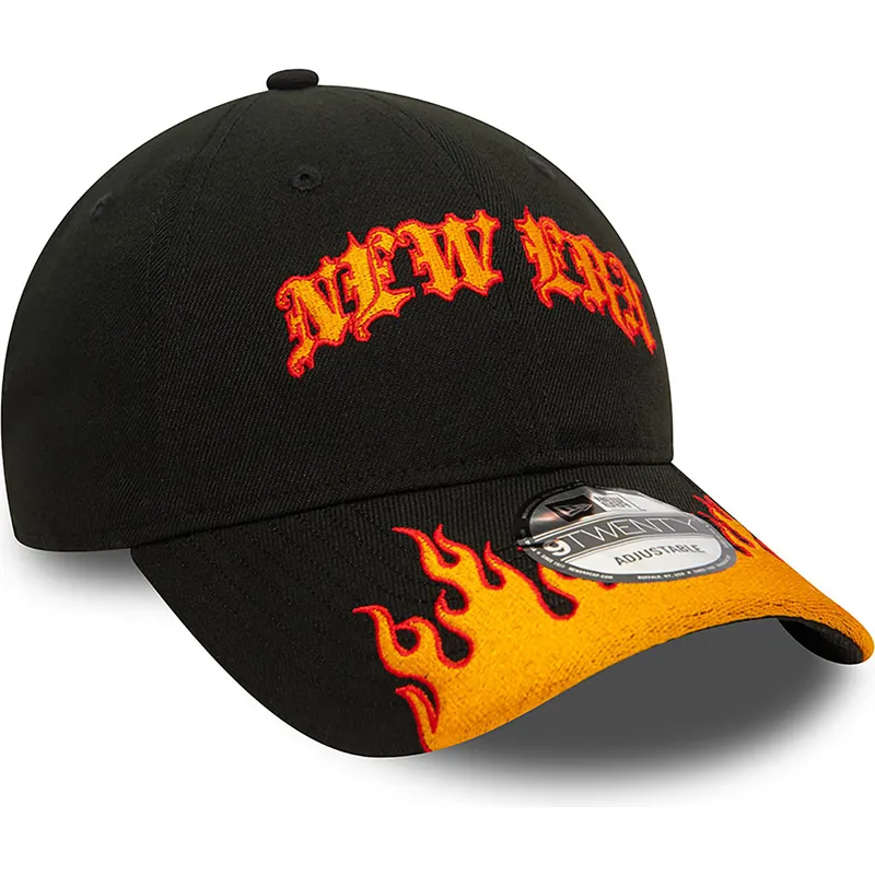 sort-og-orange-justerbar-kurvet-kasket-9twenty-race-flame-fra-new-era