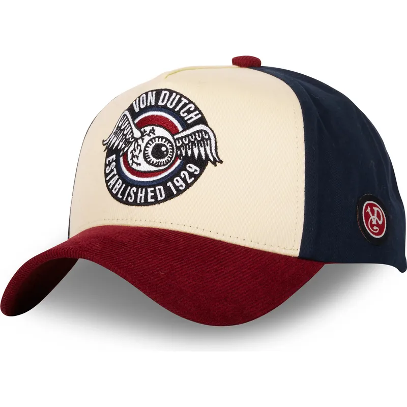 buet-kasket-beige-bla-og-rod-snapback-vint02-fra-von-dutch