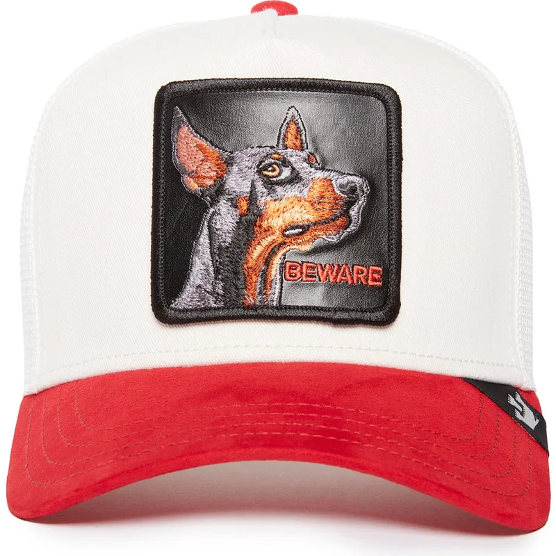 trucker-kasket-hvid-og-rod-hund-dobermann-beware-the-suede-doberman-the-farm-fra-goorin-bros