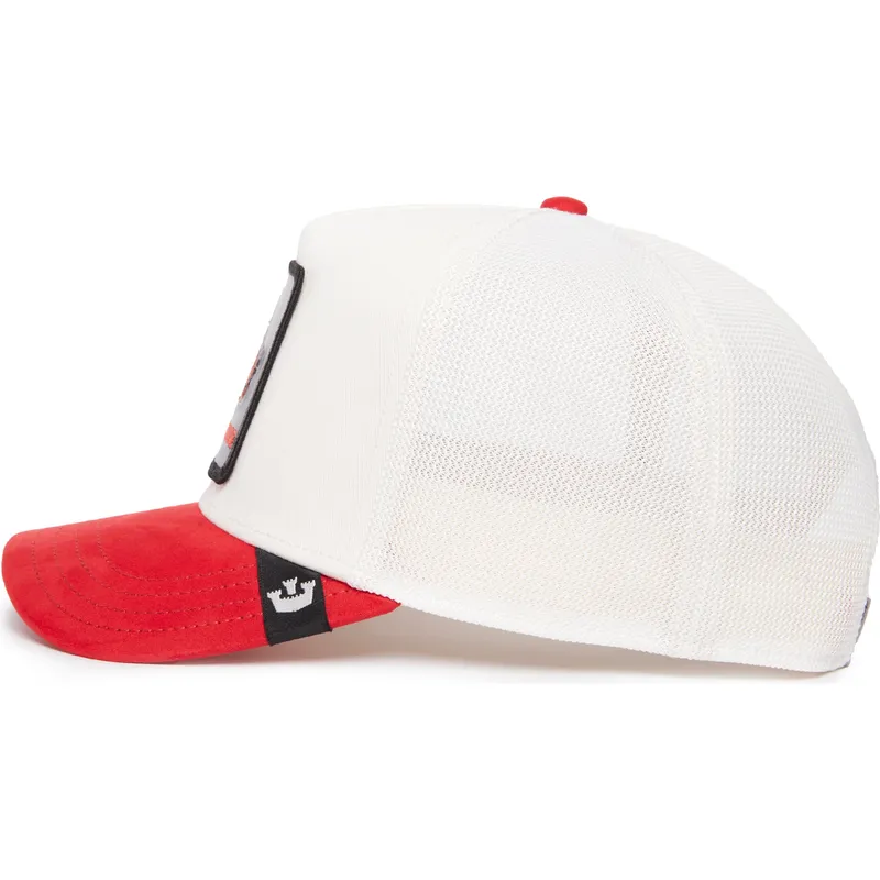 trucker-kasket-hvid-og-rod-hund-dobermann-beware-the-suede-doberman-the-farm-fra-goorin-bros