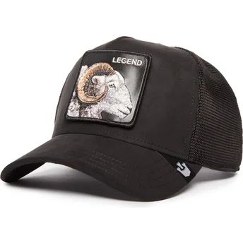 Goorin Bros Legend The Suede Ram Blacked Out The Farm sort trucker-kasket med fåreemblem.