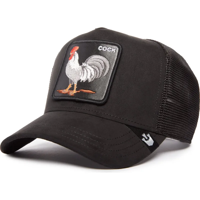 trucker-kasket-sort-hane-cock-the-suede-rooster-blacked-out-the-farm-fra-goorin-bros