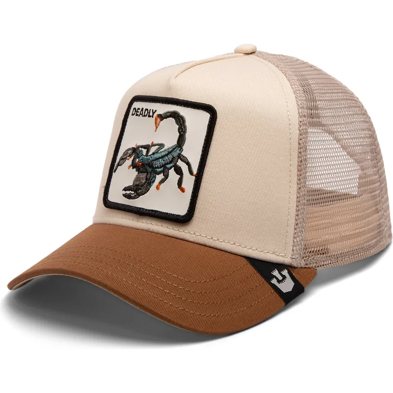 trucker-kasket-beige-og-brun-skorpion-deadly-the-deadliest-scorpion-eco-brutalism-the-farm-fra-goorin-bros