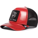 rod-og-sort-trucker-kasket-med-tyr-raging-pamplona-puff-patent-the-farm-fra-goorin-bros