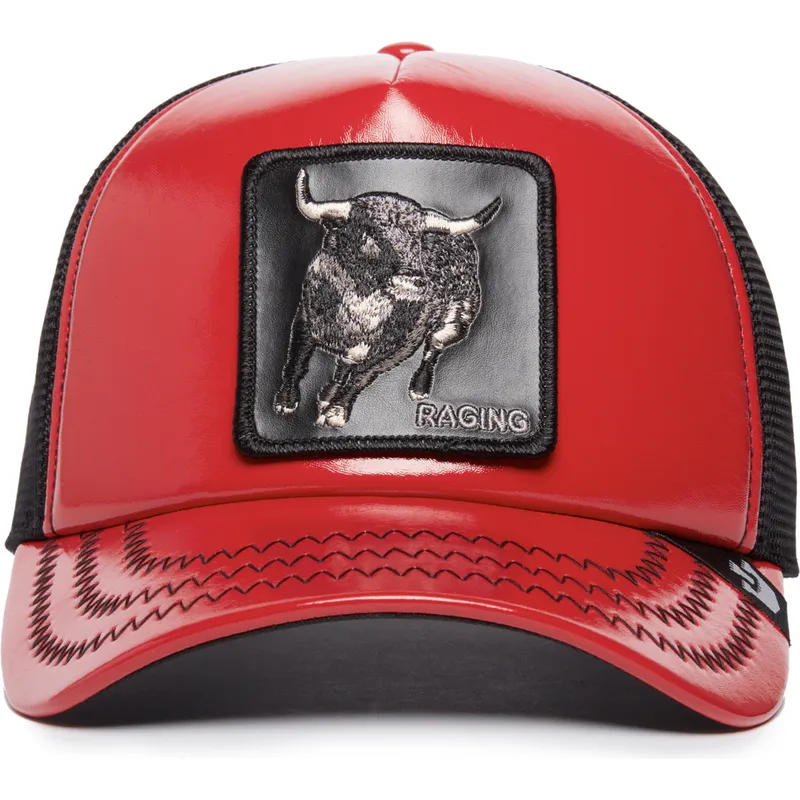 trucker-kasket-rod-og-sort-tyr-raging-pamplona-puff-patent-the-farm-fra-goorin-bros