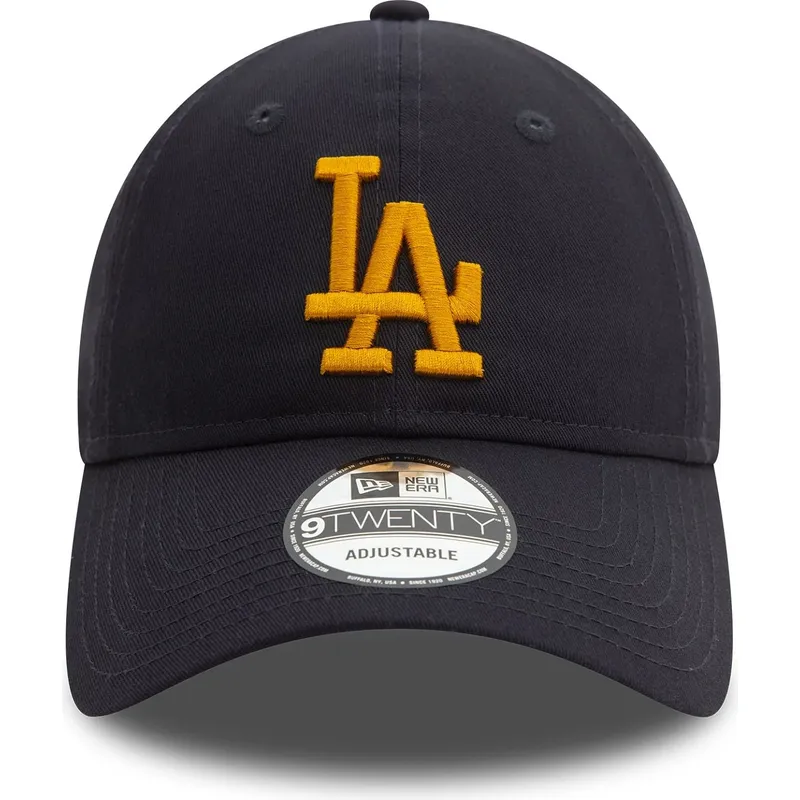 justerbar-marinebla-kurvet-kasket-med-gult-logo-9twenty-league-essential-fra-los-angeles-dodgers-mlb-fra-new-era