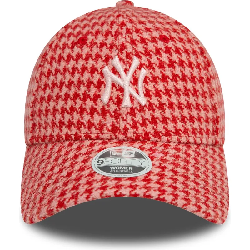 lyserod-justerbar-buet-kasket-til-kvinder-9forty-houndstooth-fra-new-york-yankees-mlb-fra-new-era