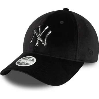 Justerbar sort krummet kasket til kvinder 9FORTY Velour Diamante fra New York Yankees MLB af New Era