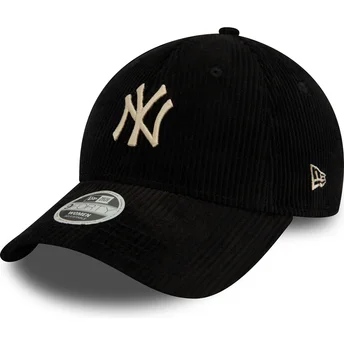 Sort justerbar kurvet kasket til kvinder med beige logo 9FORTY Cord fra New York Yankees MLB af New Era