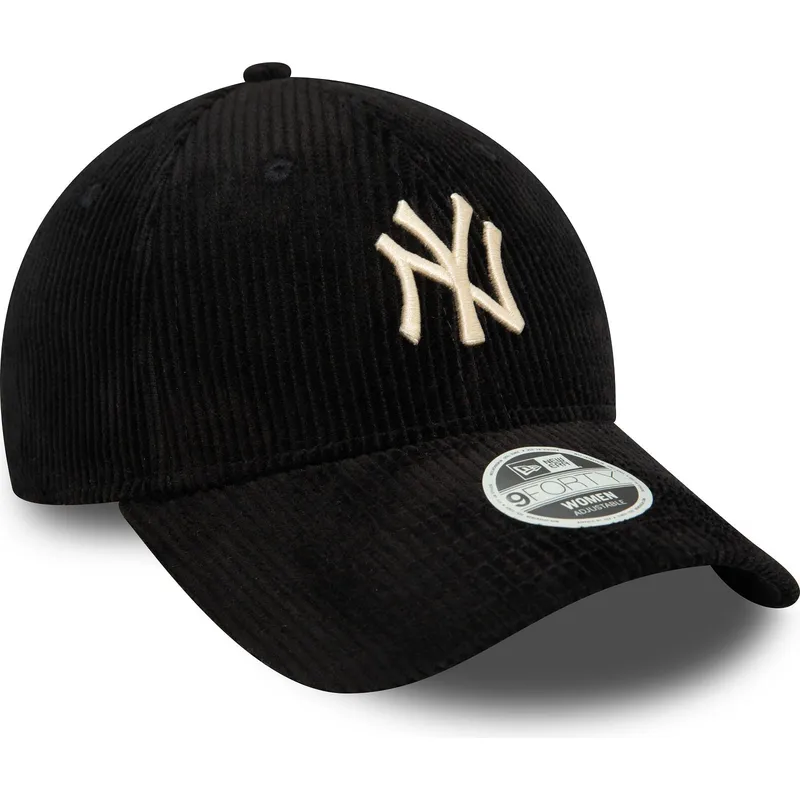 sort-justerbar-curved-kasket-til-kvinder-med-beige-logo-9forty-cord-fra-new-york-yankees-mlb-fra-new-era