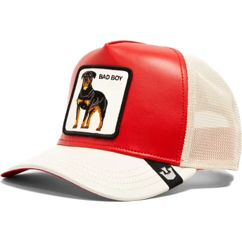 Rød og hvid trucker-kasket med rottweiler-hund, Bad Shleather Boy The Farm fra Goorin Bros.