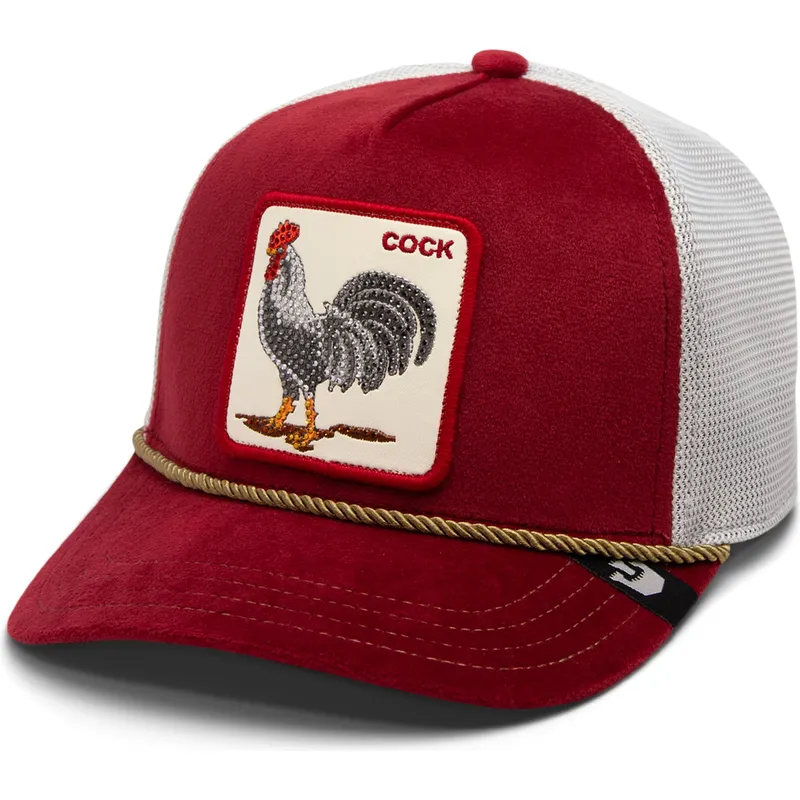 trucker-kasket-rod-og-hvid-hane-cock-garnet-rooster-the-farm-jewel-tones-fra-goorin-bros