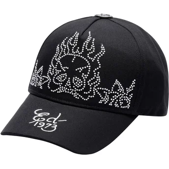 Justerbar sort krumskygget kasket med Flaming Skull fra Ed Hardy