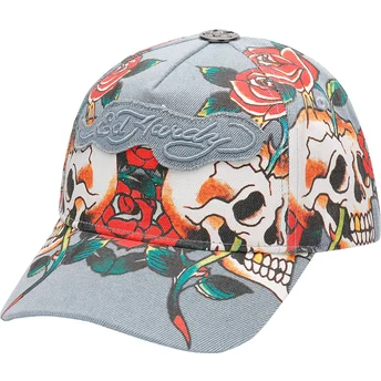 Justerbar blå buet kasket Skull Rose Denim fra Ed Hardy