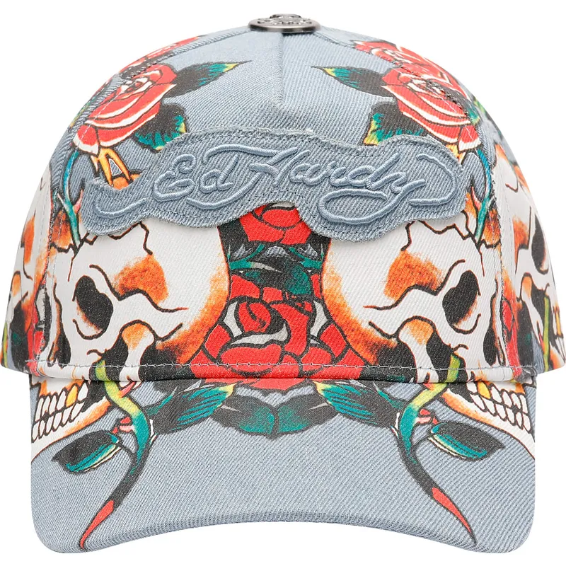 justerbar-bla-buet-kasket-skull-rose-denim-fra-ed-hardy