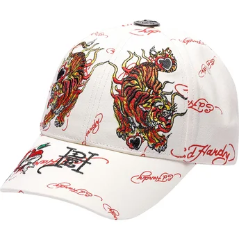 Justerbar beige krum kasket Tiger Flames af Ed Hardy