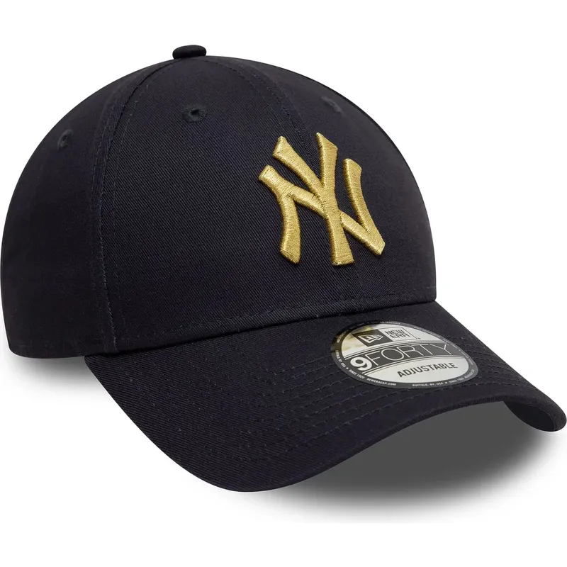 justerbar-marinebla-buet-kasket-med-guldlogo-9forty-metallic-fra-new-york-yankees-mlb-fra-new-era