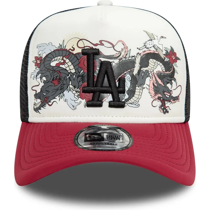 hvid-sort-og-rod-trucker-kasket-9forty-a-frame-graphic-fra-los-angeles-dodgers-mlb-dragon-fra-new-era