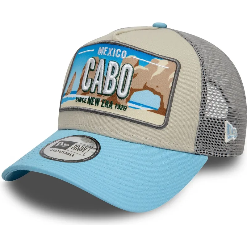 beige-og-bla-trucker-kasket-9forty-a-frame-license-plate-fra-cabo-byer-og-strande-fra-new-era