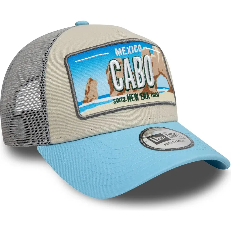 beige-og-bla-trucker-kasket-9forty-a-frame-license-plate-fra-cabo-byer-og-strande-fra-new-era