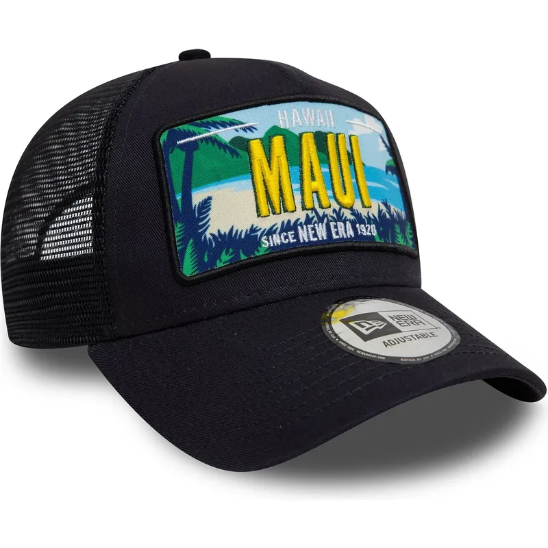 marinebla-trucker-kasket-9forty-a-frame-license-plate-fra-maui-byer-og-strande-fra-new-era