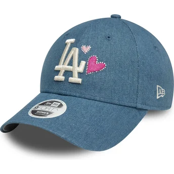 Justerbar blå krummet kasket til kvinder 9FORTY Denim Icon Heart fra Los Angeles Dodgers MLB af New Era