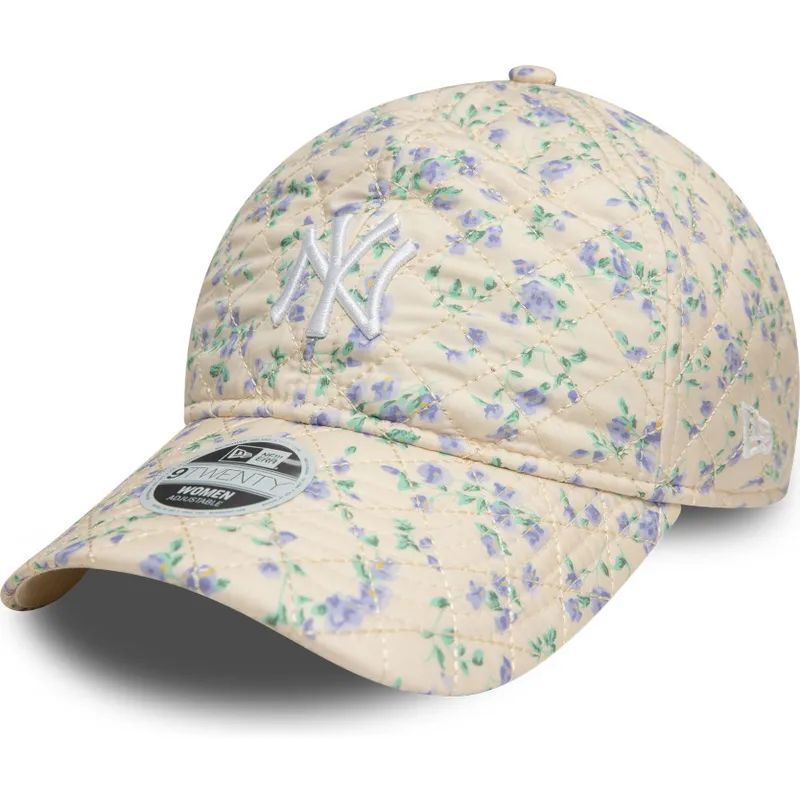 buet-beige-justerbar-kasket-til-kvinder-9twenty-floral-quilt-fra-new-york-yankees-mlb-fra-new-era