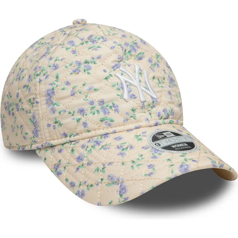 buet-beige-justerbar-kasket-til-kvinder-9twenty-floral-quilt-fra-new-york-yankees-mlb-fra-new-era