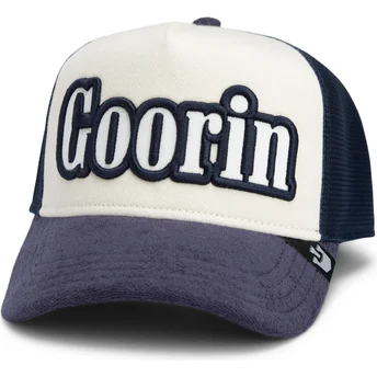 Goorin Bros Full Flavor Wordmark French Terry beige og marineblå trucker kasket.