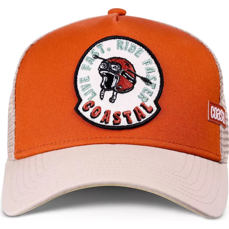 trucker-kasket-orange-og-beige-live-fast-ride-faster-hft-fra-coastal