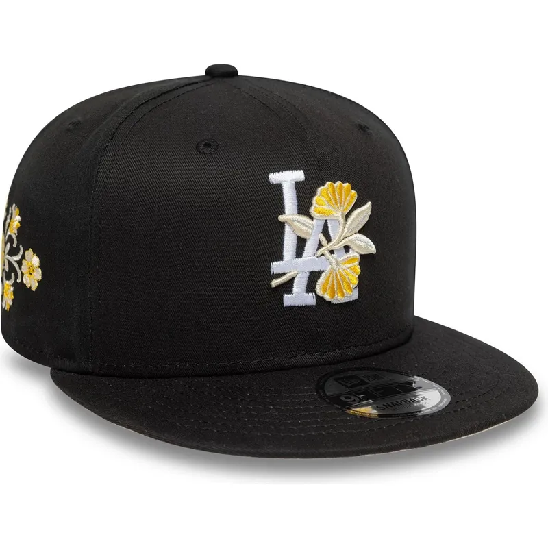 sort-flad-snapback-9fifty-kasket-med-blomstermotiv-fra-los-angeles-dodgers-mlb-fra-new-era