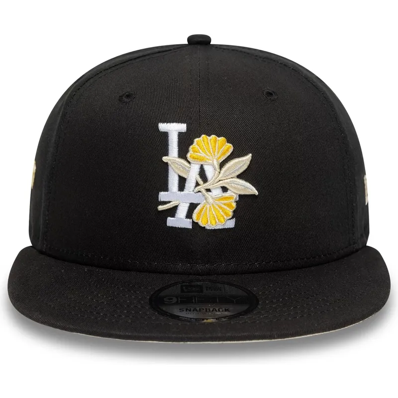 sort-flad-snapback-9fifty-kasket-med-blomstermotiv-fra-los-angeles-dodgers-mlb-fra-new-era