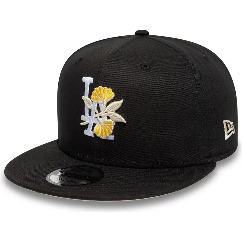 sort-flad-snapback-9fifty-kasket-med-blomstermotiv-fra-los-angeles-dodgers-mlb-fra-new-era