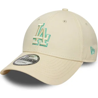 Beige justerbar buet kasket med grønt logo 9FORTY Team Outline Los Angeles Dodgers MLB fra New Era