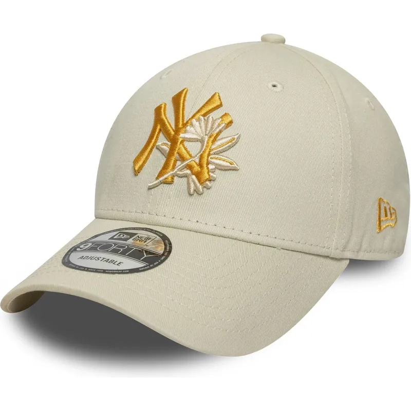buet-beige-justerbar-kasket-med-gult-logo-9forty-floral-icon-fra-new-york-yankees-mlb-fra-new-era