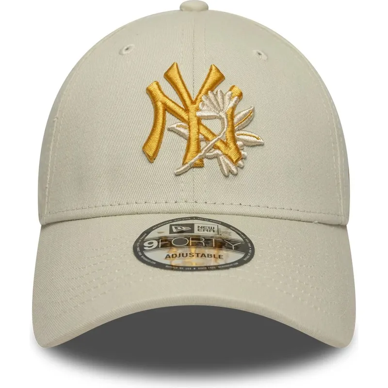 buet-beige-justerbar-kasket-med-gult-logo-9forty-floral-icon-fra-new-york-yankees-mlb-fra-new-era