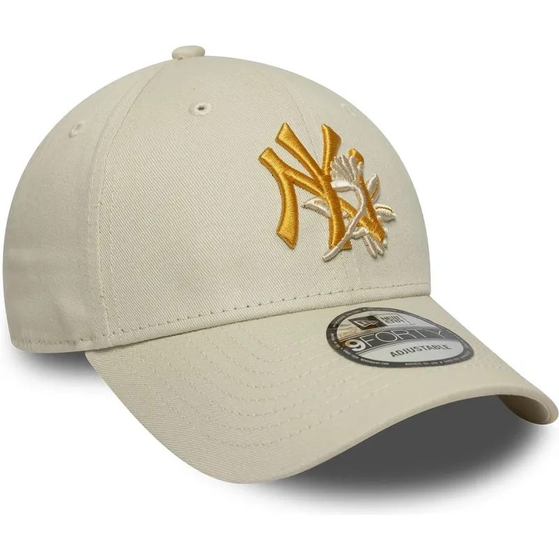 buet-beige-justerbar-kasket-med-gult-logo-9forty-floral-icon-fra-new-york-yankees-mlb-fra-new-era