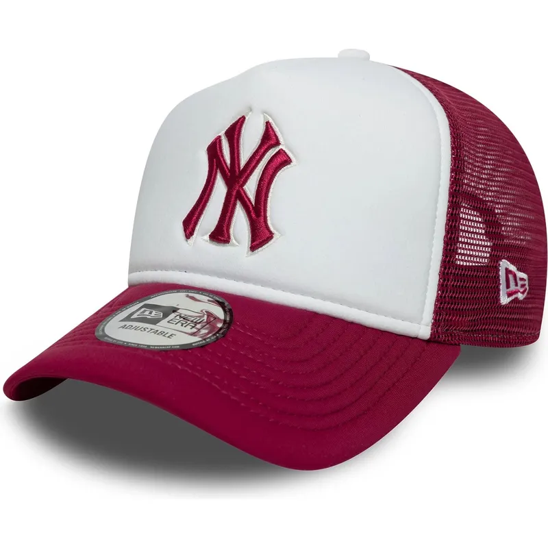 hvid-og-rod-trucker-kasket-med-rodt-e-frame-world-series-logo-fra-new-york-yankees-mlb-fra-new-era