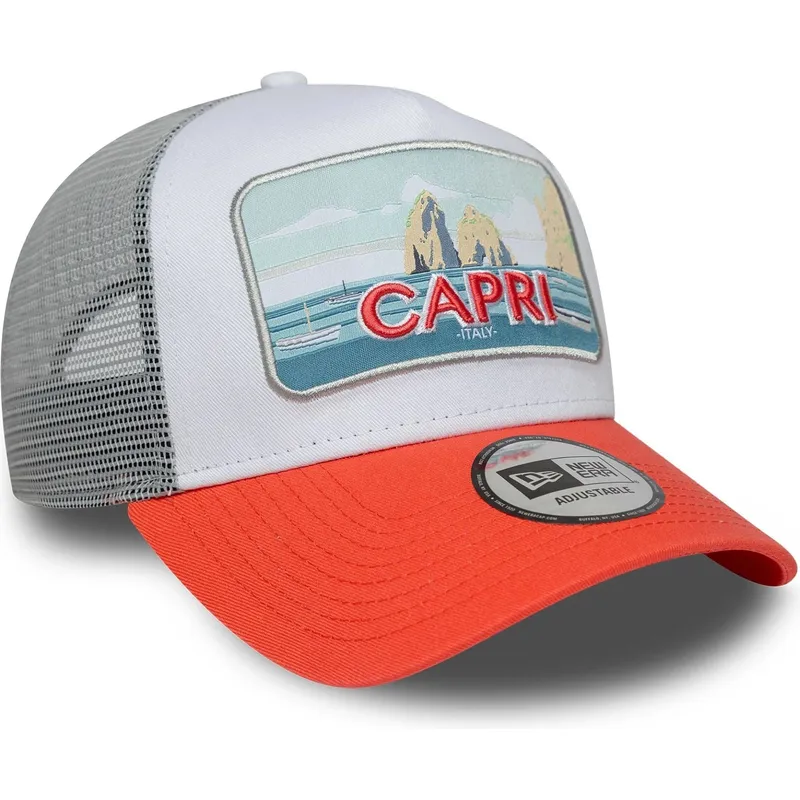 hvid-og-orange-trucker-kasket-capri-italy-a-frame-summer-fra-new-era