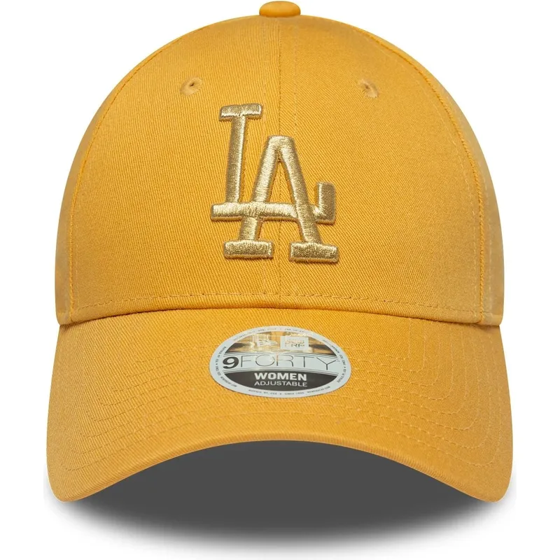 gul-justerbar-curved-kasket-til-kvinder-9forty-metallic-logo-fra-los-angeles-dodgers-mlb-fra-new-era