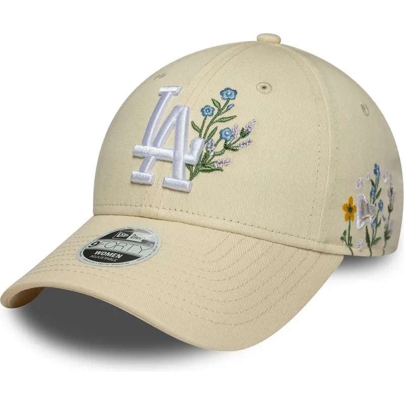 beige-justerbar-buet-kasket-til-kvinder-9forty-floral-icon-fra-los-angeles-dodgers-mlb-fra-new-era