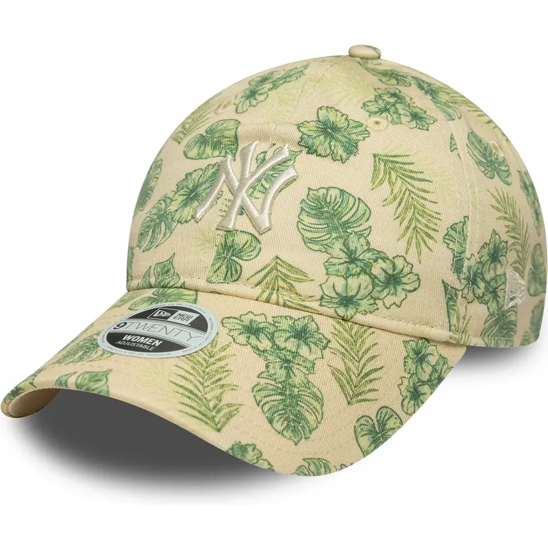 buet-beige-justerbar-kasket-til-kvinder-9twenty-all-over-print-tropical-fra-new-york-yankees-mlb-fra-new-era