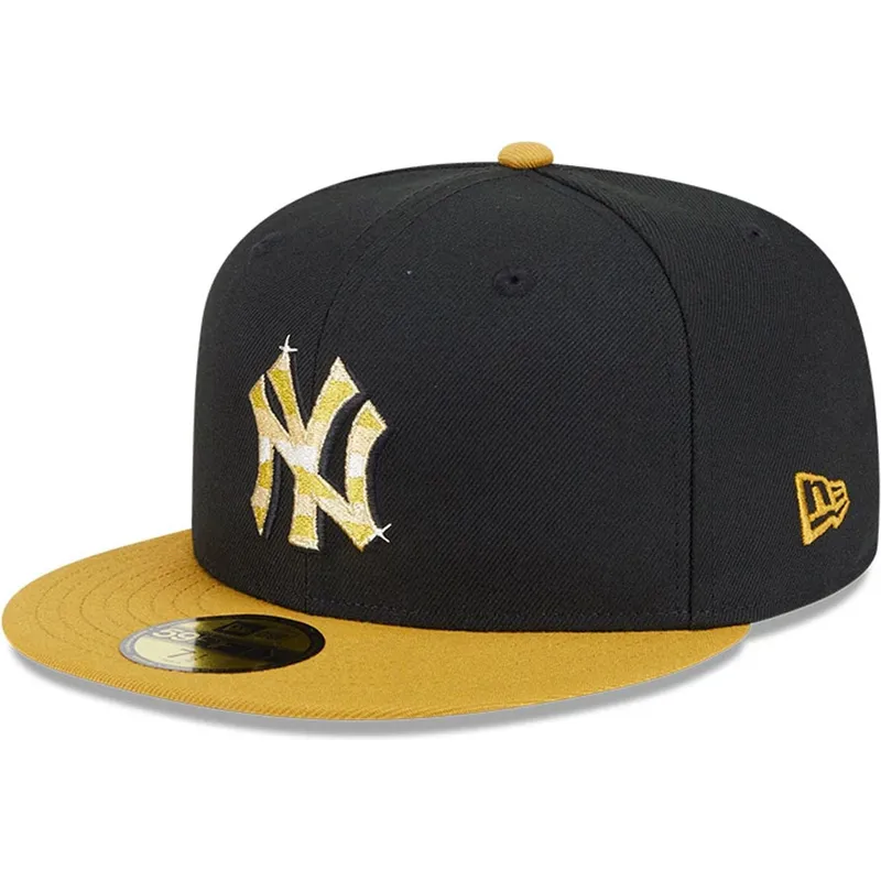sort-og-gul-fitted-flat-cap-med-gyldent-logo-59fifty-day-fra-new-york-yankees-mlb-af-new-era