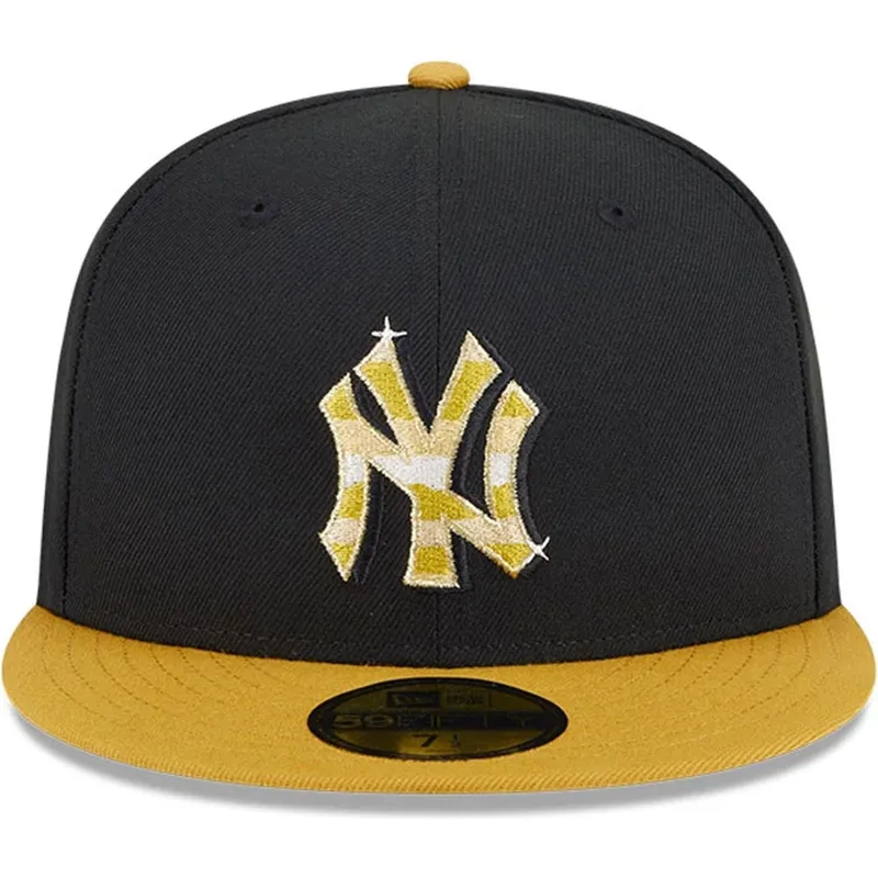 sort-og-gul-fitted-flat-cap-med-gyldent-logo-59fifty-day-fra-new-york-yankees-mlb-af-new-era