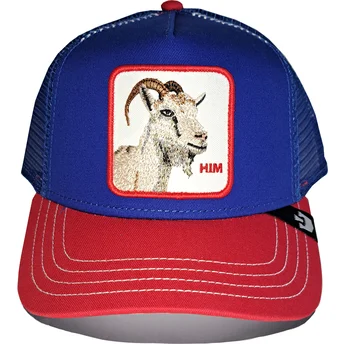 Goorin Bros. Him Goat Fab Farm blå og rød trucker kasket med ged.