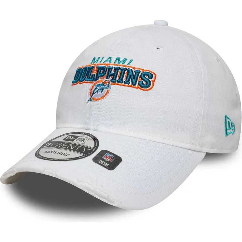 hvid-justerbar-buet-kasket-9twenty-washed-distress-fra-miami-dolphins-nfl-fra-new-era